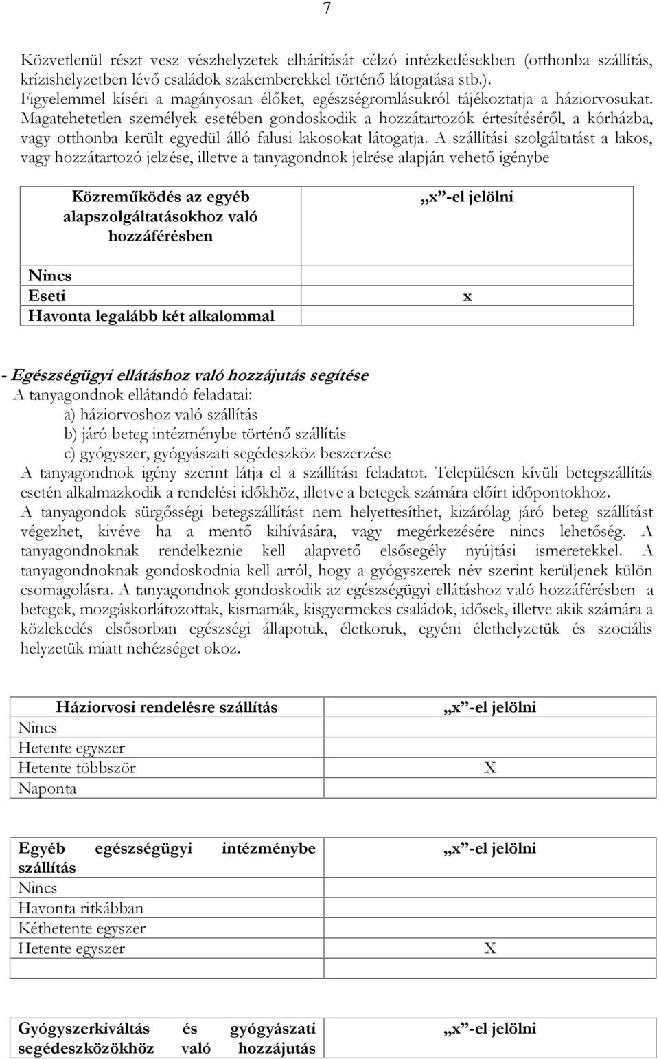 Magatehetetlen személyek esetében gondoskodik a hozzátartozók értesítéséről, a kórházba, vagy otthonba került egyedül álló falusi lakosokat látogatja.