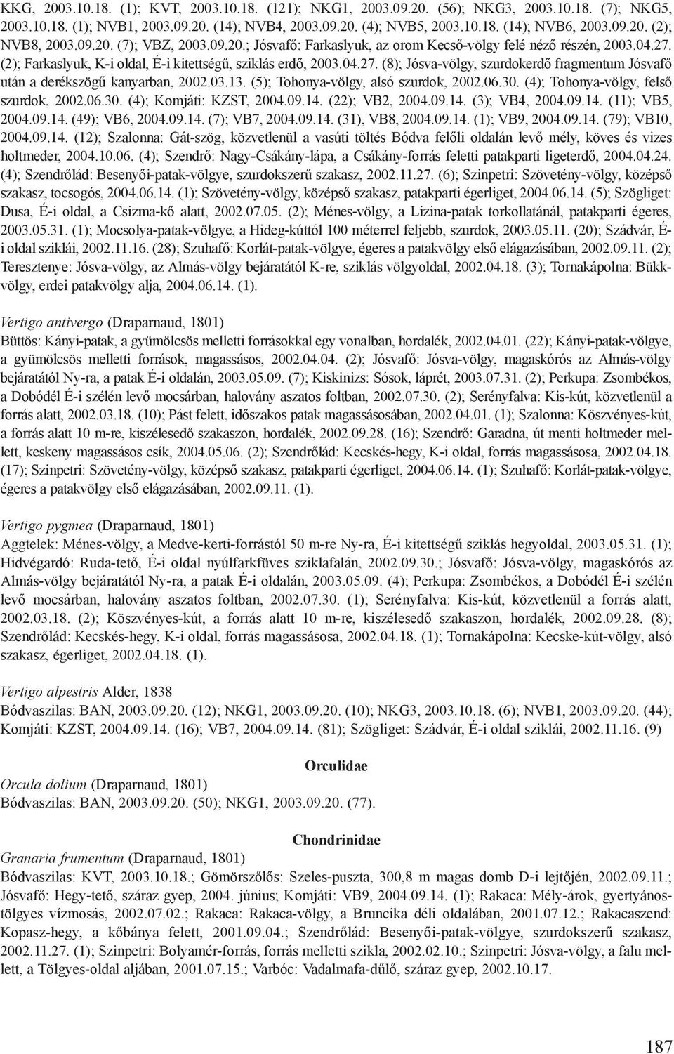 (2); Farkaslyuk, K-i oldal, É-i kitettségű, sziklás erdő, 2003.04.27. (8); Jósva-völgy, szurdokerdő fragmentum Jósvafő után a derékszögű kanyarban, 2002.03.13. (5); Tohonya-völgy, alsó szurdok, 2002.