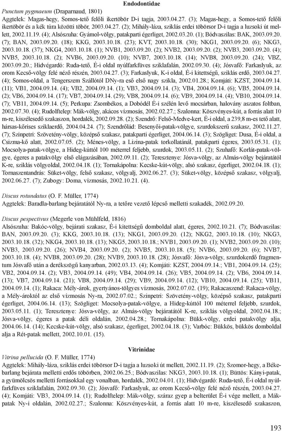 (4); Alsószuha: Gyámol-völgy, patakparti égerliget, 2002.03.20. (1); Bódvaszilas: BAK, 2003.09.20. (7); BAN, 2003.09.20. (18); KKG, 2003.10.18. (23); KVT, 2003.10.18. (30); NKG1, 2003.09.20. (6); NKG3, 2003.