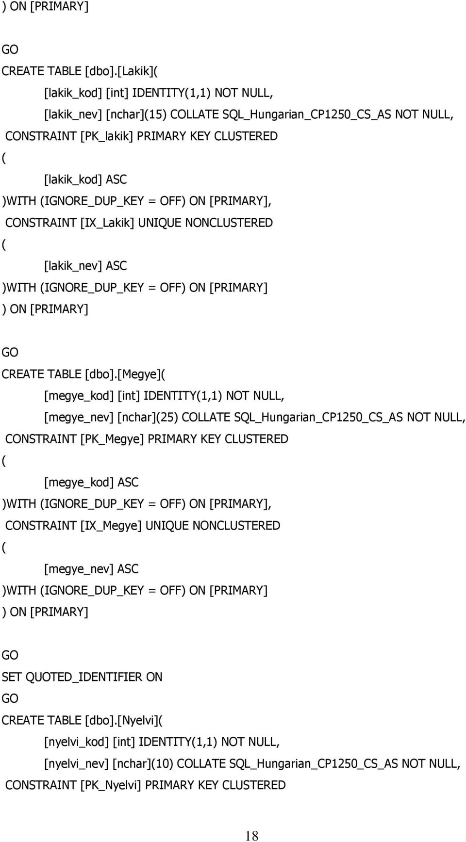 (IGNORE_DUP_KEY = OFF) ON [PRIMARY], CONSTRAINT [IX_Lakik] UNIQUE NONCLUSTERED ( [lakik_nev] ASC )WITH (IGNORE_DUP_KEY = OFF) ON [PRIMARY] [megye]( [megye_kod] [int] IDENTITY(1,1) NOT NULL,