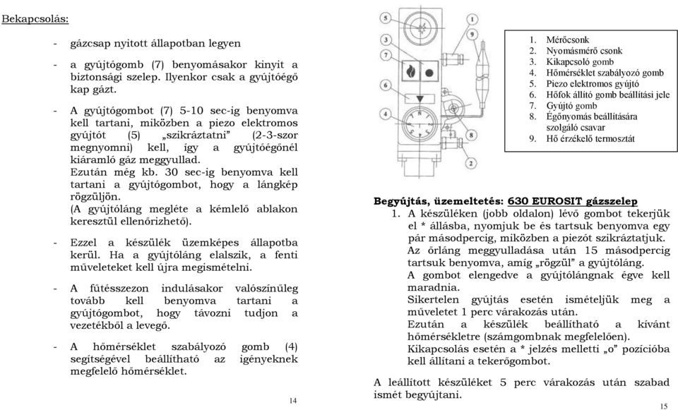 30 sec-ig benyomva kell tartani a gyújtógombot, hogy a lángkép rögzüljön. (A gyújtóláng megléte a kémlelő ablakon keresztül ellenőrizhető). - Ezzel a készülék üzemképes állapotba kerül.