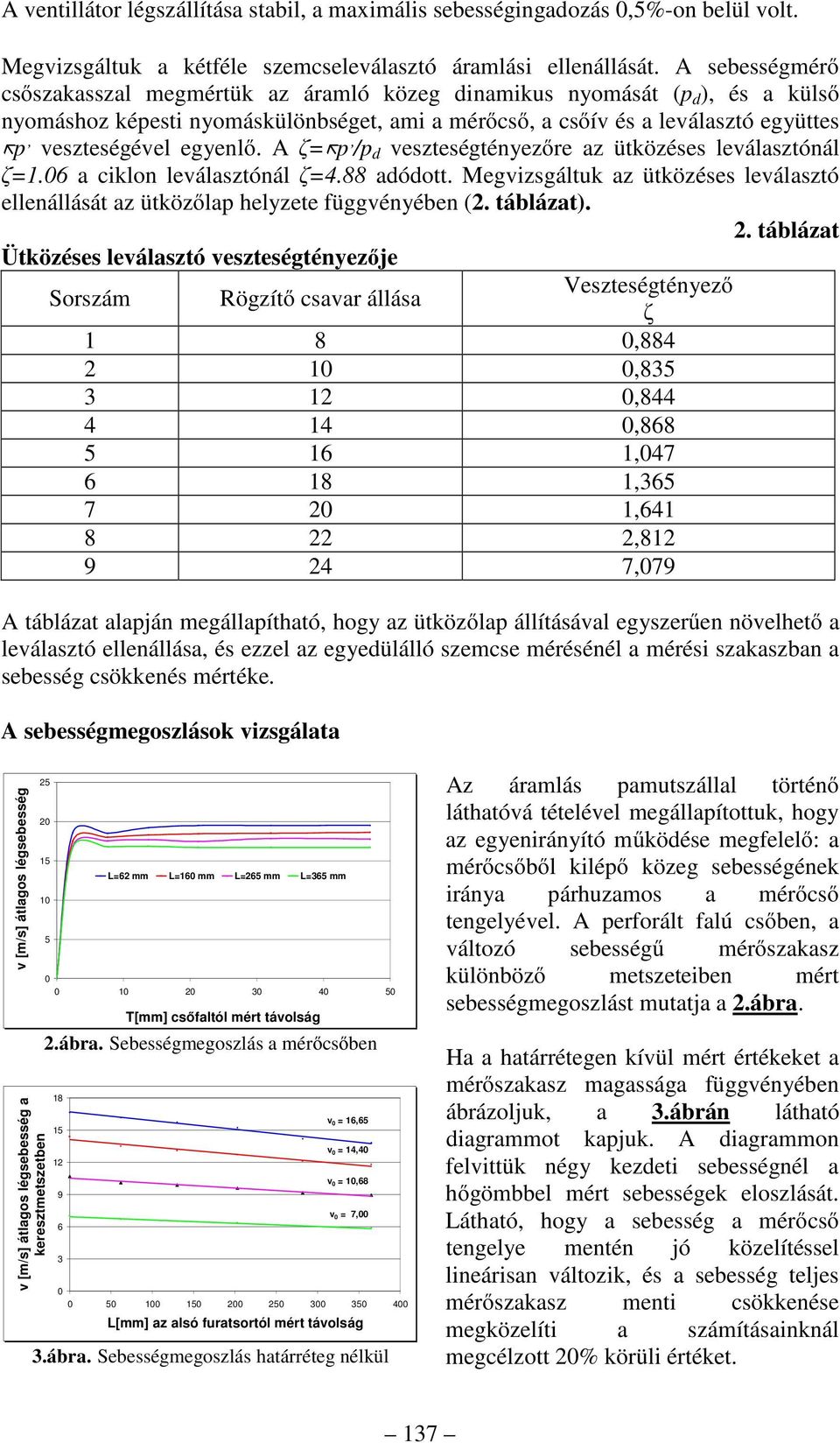 egyenlő. A ζ= p /p d veszteségtényezőre az ütközéses leválasztónál ζ=1.6 a ciklon leválasztónál ζ=4.88 adódott.