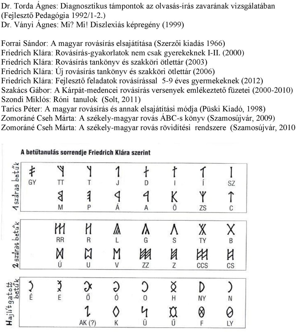 (2000) Friedrich Klára: Rovásírás tankönyv és szakköri ötlettár (2003) Friedrich Klára: Új rovásírás tankönyv és szakköri ötlettár (2006) Friedrich Klára: Fejlesztő feladatok rovásírással 5-9 éves