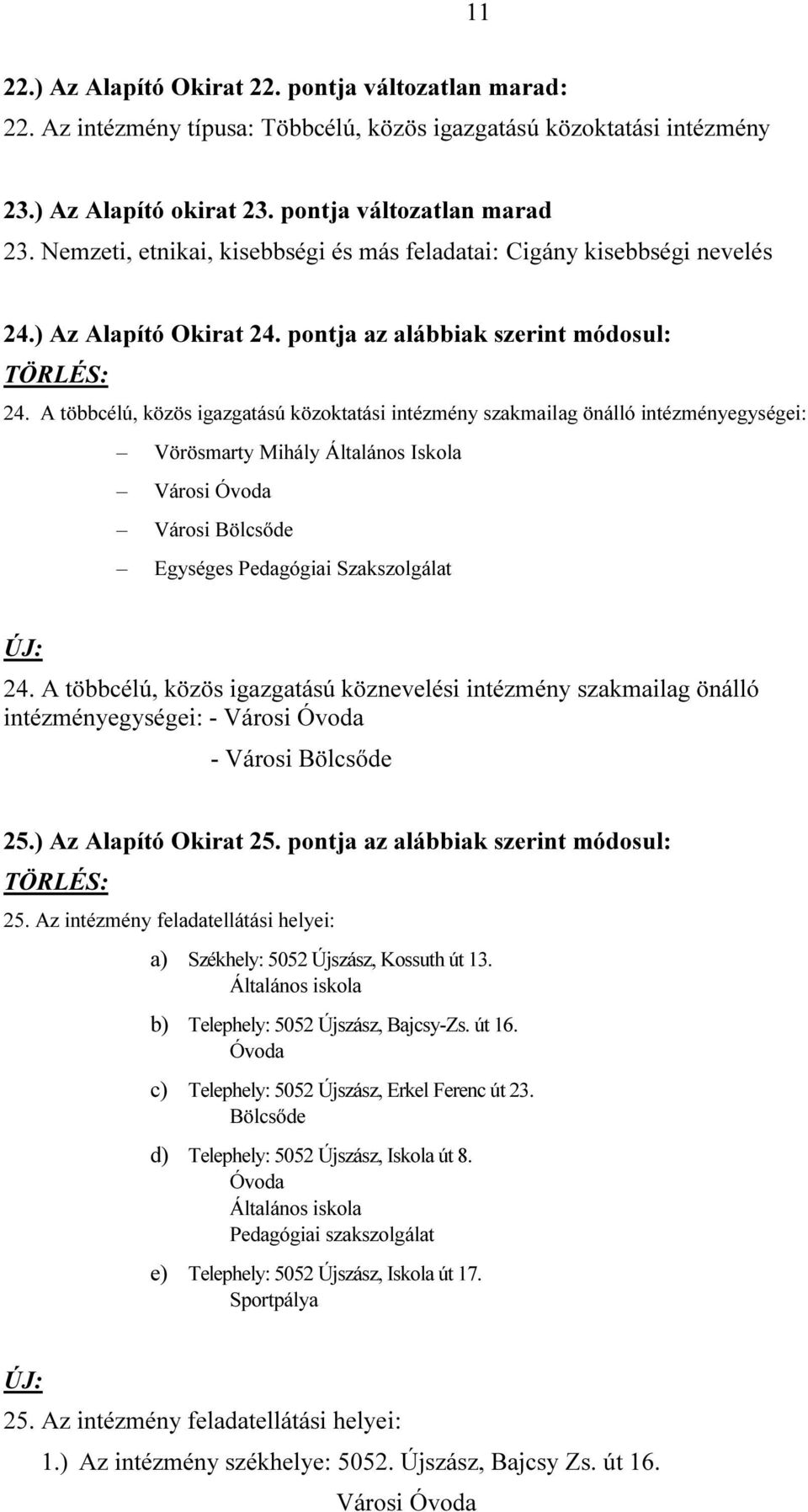 A többcélú, közös igazgatású közoktatási intézmény szakmailag önálló intézményegységei: Vörösmarty Mihály Általános Iskola Városi Óvoda Városi Bölcsőde Egységes Pedagógiai Szakszolgálat 24.