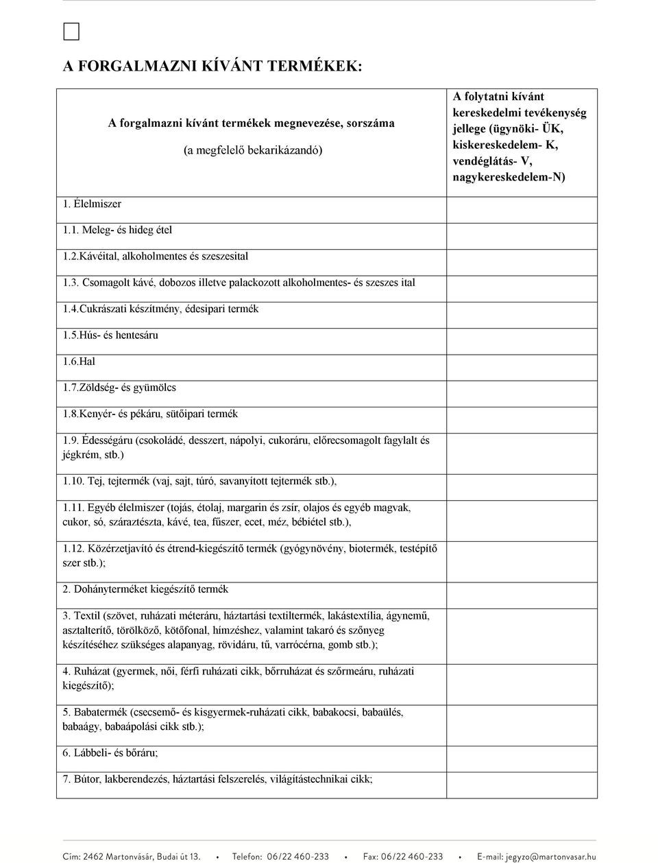 Csomagolt kávé, dobozos illetve palackozott alkoholmentes- és szeszes ital 1.4.Cukrászati készítmény, édesipari termék 1.5.Hús- és hentesáru 1.6.Hal 1.7.Zöldség- és gyümölcs 1.8.