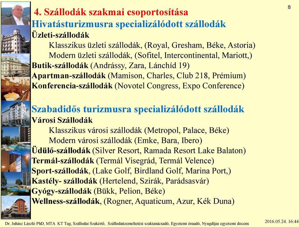 Szabadidős turizmusra specializálódott szállodák Városi Szállodák Klasszikus városi szállodák (Metropol, Palace, Béke) Modern városi szállodák (Emke, Bara, Ibero) Üdülő-szállodák (Silver Resort,