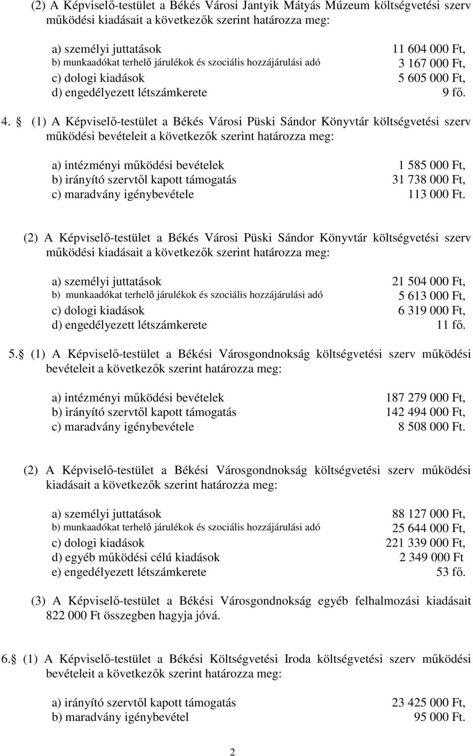 (1) A Képviselő-testület a Békés Városi Püski Sándor Könyvtár költségvetési szerv működési bevételeit a következők szerint határozza meg: a) intézményi működési bevételek 1 585 000 Ft, b) irányító