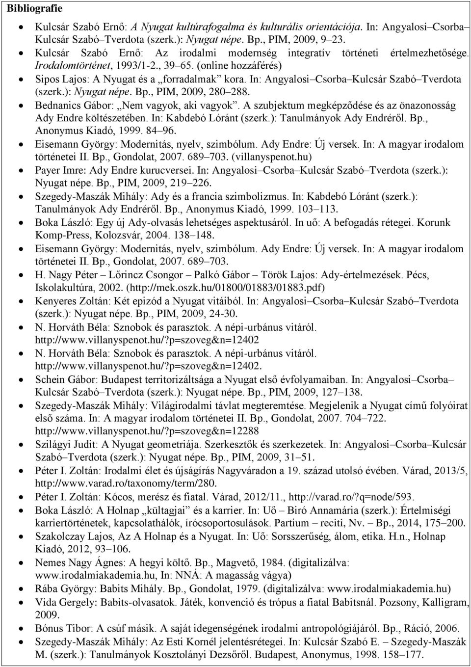 In: Angyalosi Csorba Kulcsár Szabó Tverdota (szerk.): Nyugat népe. Bp., PIM, 2009, 280 288. Bednanics Gábor: Nem vagyok, aki vagyok.