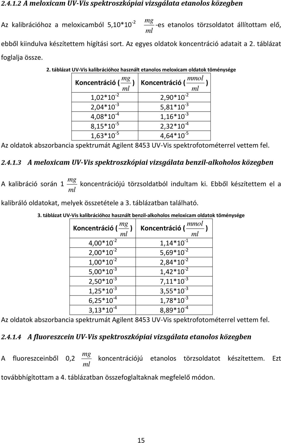 Az egyes oldatok koncentráció adatait a 2.