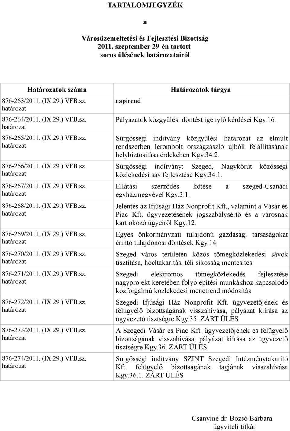 (IX.29.) VFB.sz. 876-273/2011. (IX.29.) VFB.sz. 876-274/2011. (IX.29.) VFB.sz. napirend Határozatok tárgya Pályázatok közgyűlési döntést igénylő kérdései Kgy.16.