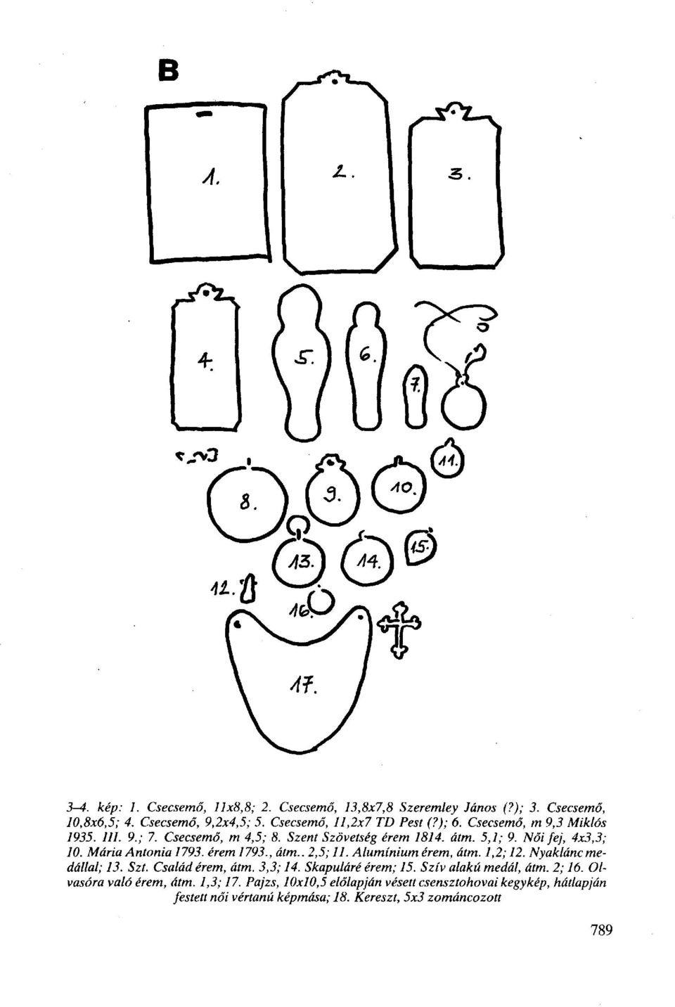 , átm.. 2,5; 11. Alumínium érem, átm. 1,2; 12. Nyaklánc medállal; 13. Szt. Család érem, átm. 3,3; 14. Skapuláré érem; 15. Szív alakú medál, átm. 2; 16.