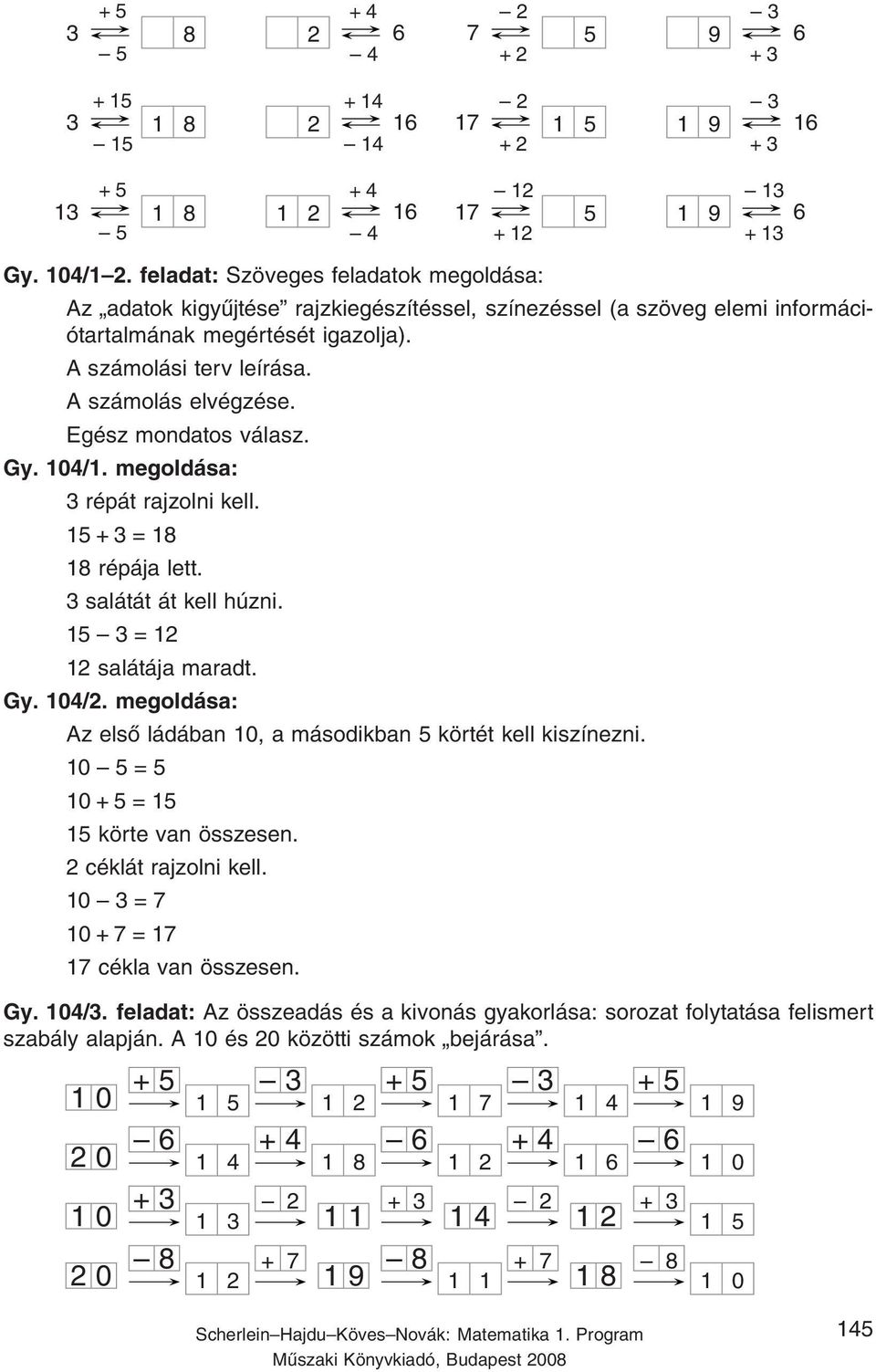 Egész mondatos válasz. Gy. 04/. megoldása: répát rajzolni kell. 5 + = 8 8 répája lett. salátát át kell húzni. 5 = salátája maradt. Gy. 04/. megoldása: Az első ládában 0, a másodikban 5 körtét kell kiszínezni.