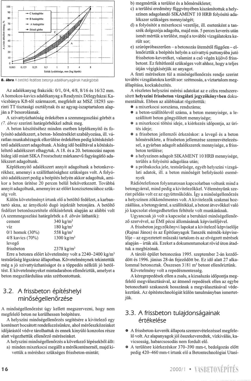 A homokos-kavics adalékanyag a Readymix Délegyházai Kavicsbánya Kft-től származott, megfelelt az MSZ 18293 szerinti TT tisztasági osztálynak és az agyag-iszaptartalom alapján a P besorolásnak.