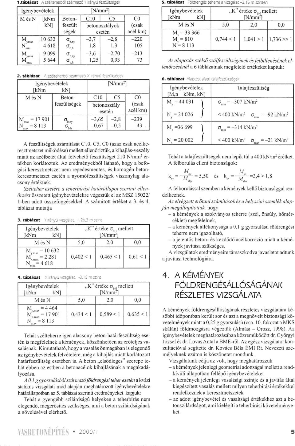 i 5 rn SZinten génybevételek "K" értéke abb mellett [knm kn] [N/mm 2 ] MésN 5,0 2,0 0,0 M = 33366 x Mv = 810 0,744 < 1,041> l 1,736» l N'=8113 Az alapozás szélső szálfesziiltségének ésfelbillenésének