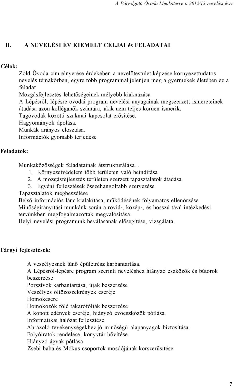 akik nem teljes körűen ismerik. Tagóvodák közötti szakmai kapcsolat erősítése. Hagyományok ápolása. Munkák arányos elosztása.