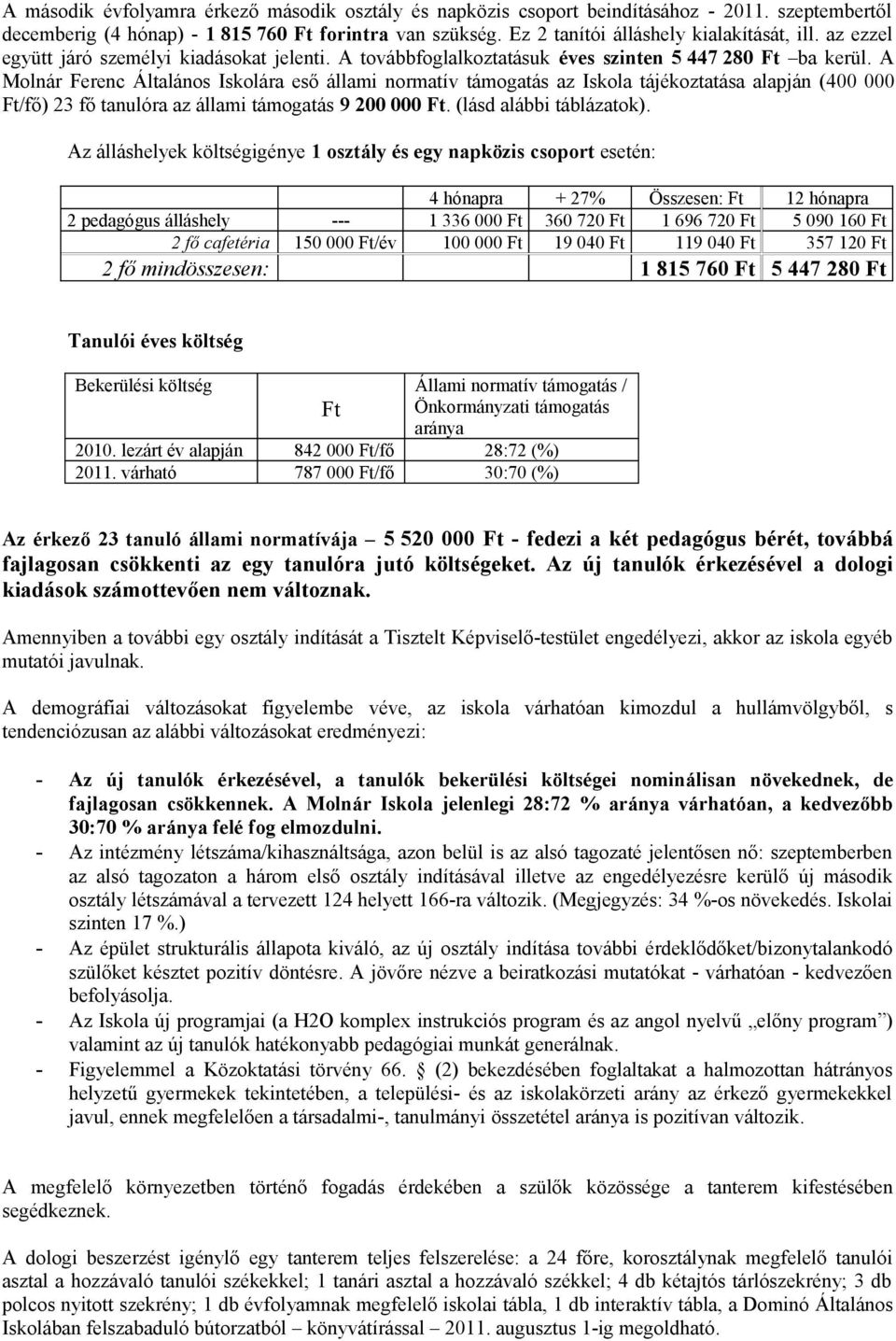 A Molnár Ferenc Általános Iskolára eső állami normatív támogatás az Iskola tájékoztatása alapján (400 000 Ft/fő) 23 fő tanulóra az állami támogatás 9 200 000 Ft. (lásd alábbi táblázatok).