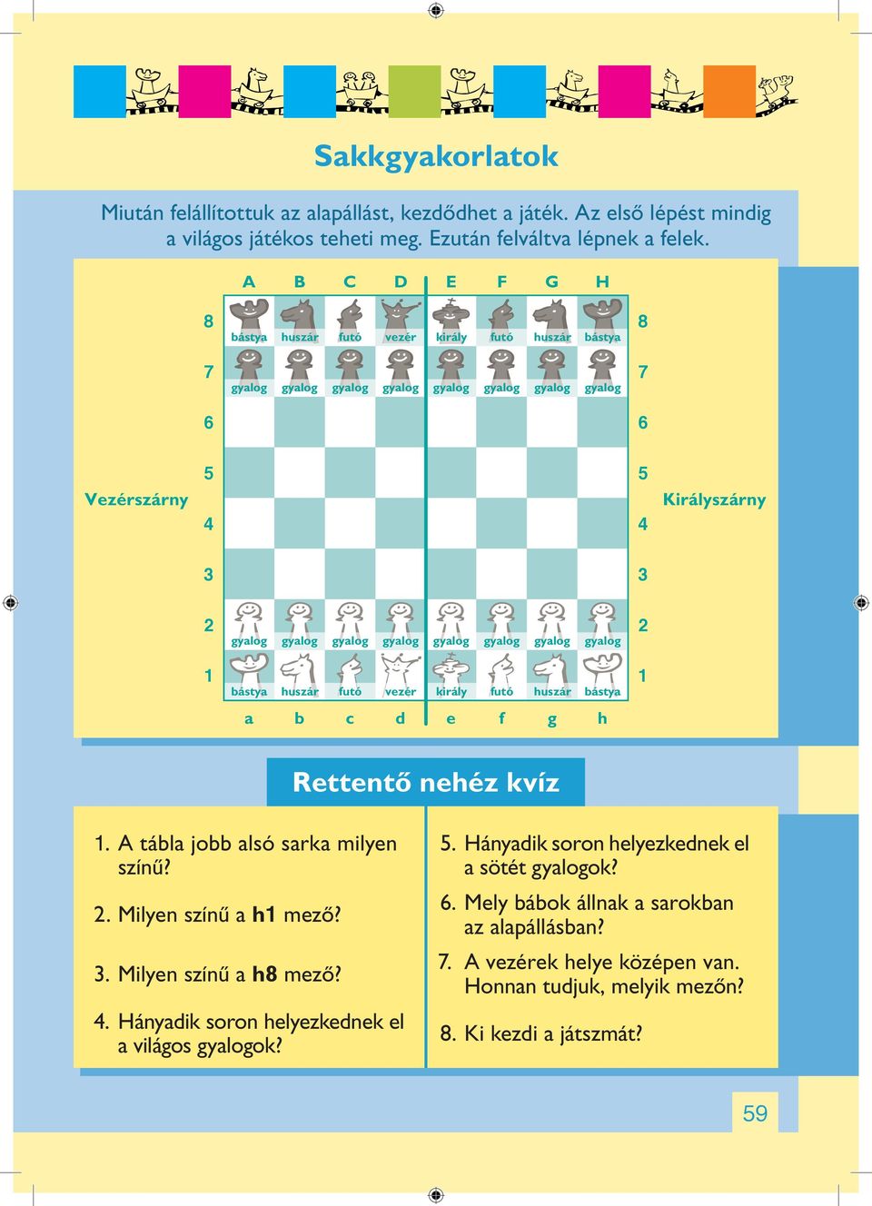 gyalog gyalog gyalog gyalog gyalog bástya huszár futó vezér király futó huszár bástya a b c d e f g h 2 1 Rettentô nehéz kvíz 1. A tábla jobb alsó sarka milyen színû? 2. Milyen színû a h1 mezô? 3.