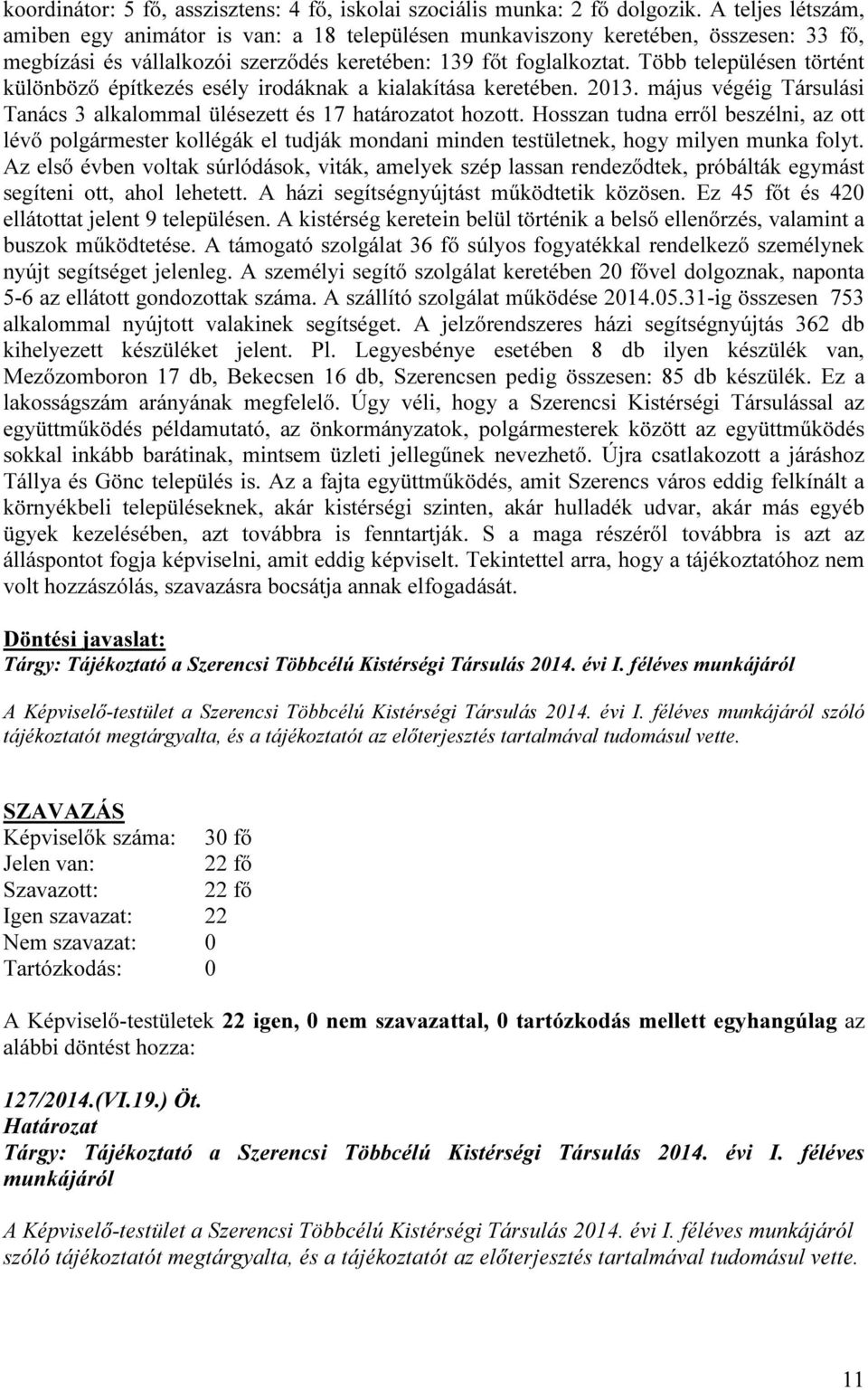 Több településen történt különböző építkezés esély irodáknak a kialakítása keretében. 2013. május végéig Társulási Tanács 3 alkalommal ülésezett és 17 határozatot hozott.