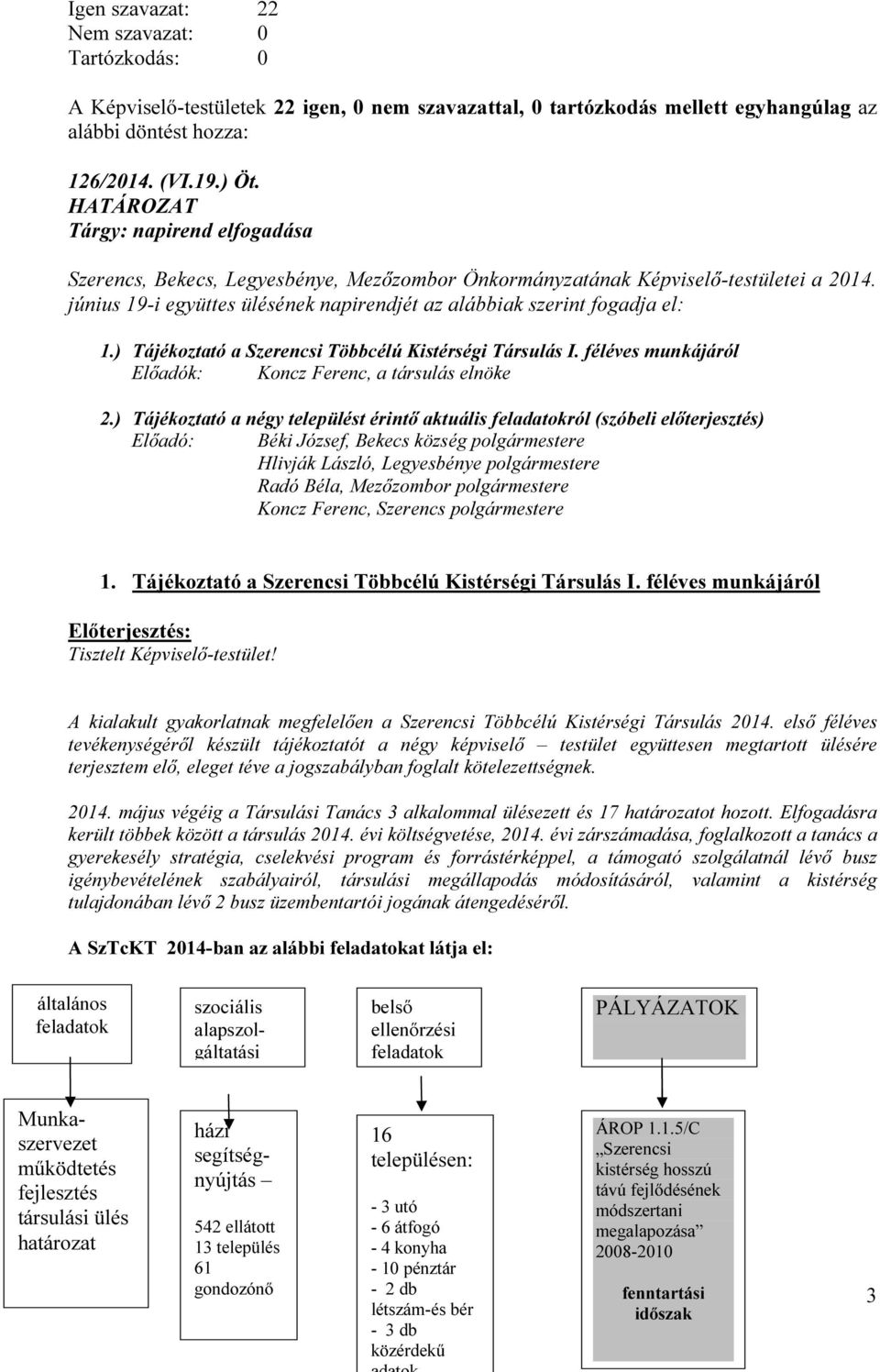 június 19-i együttes ülésének napirendjét az alábbiak szerint fogadja el: 1.) Tájékoztató a Szerencsi Többcélú Kistérségi Társulás I. féléves munkájáról Előadók: Koncz Ferenc, a társulás elnöke 2.