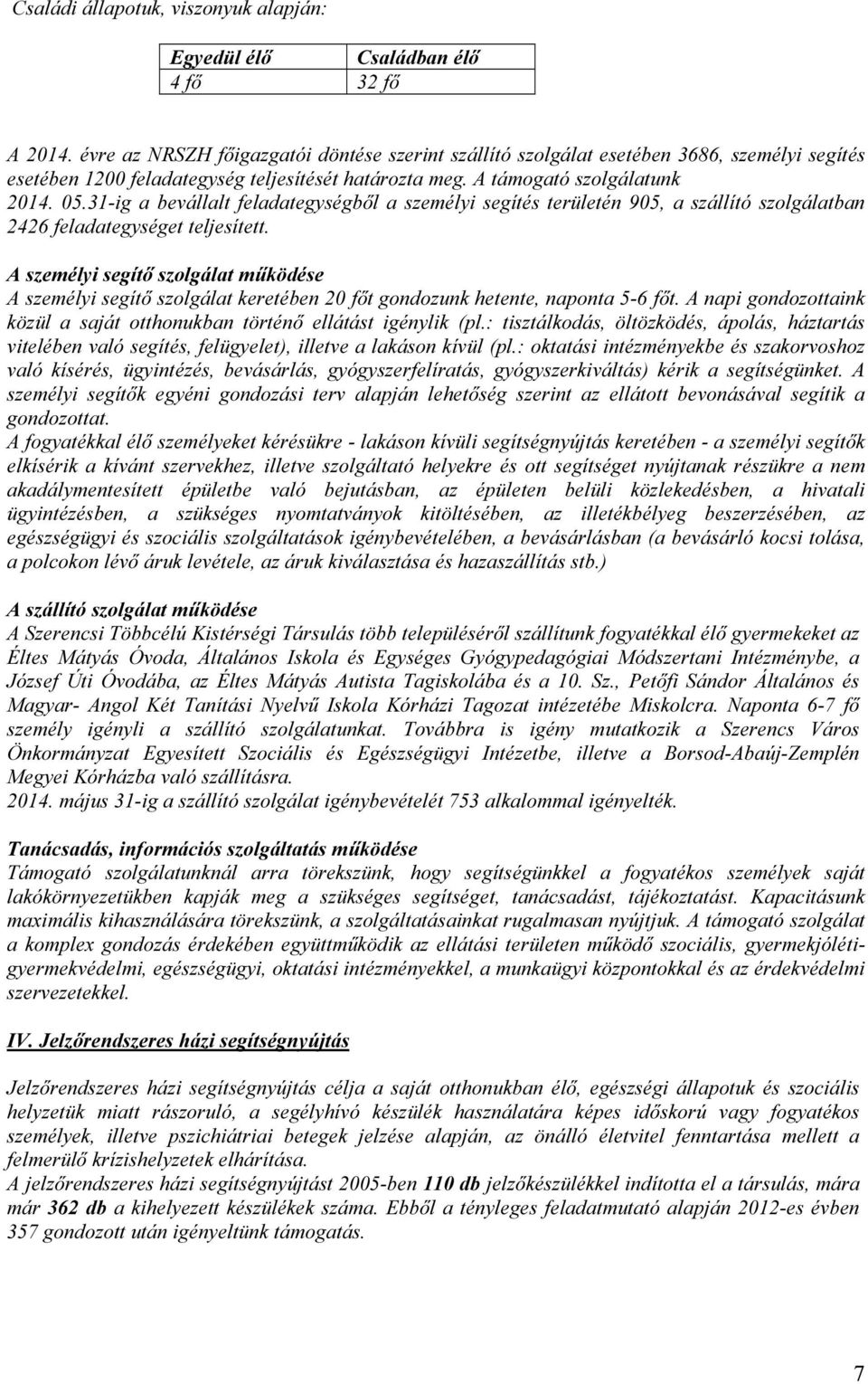 31-ig a bevállalt feladategységből a személyi segítés területén 905, a szállító szolgálatban 2426 feladategységet teljesített.