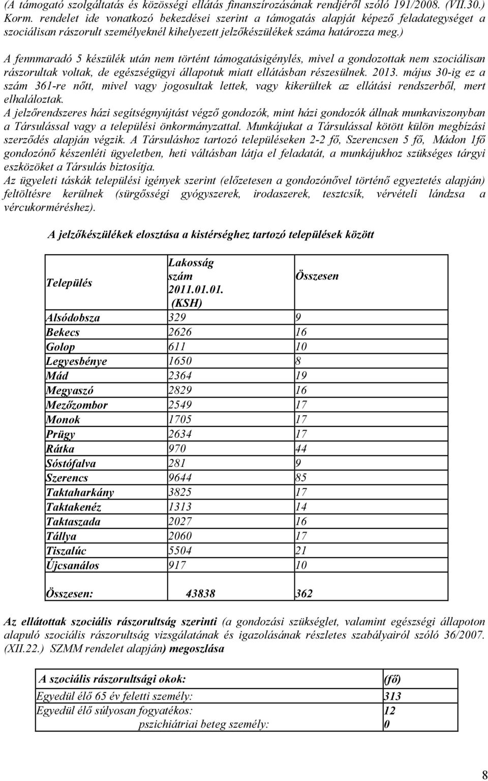 ) A fennmaradó 5 készülék után nem történt támogatásigénylés, mivel a gondozottak nem szociálisan rászorultak voltak, de egészségügyi állapotuk miatt ellátásban részesülnek. 2013.