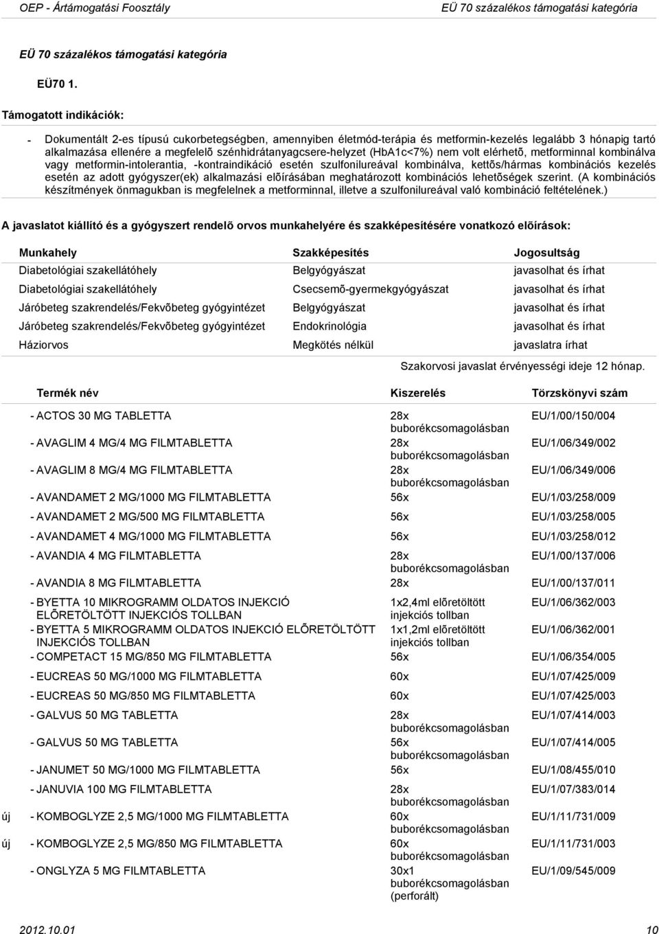 elérhetõ, metforminnal kombinálva vagy metforminintolerantia, kontraindikáció esetén szulfonilureával kombinálva, kettõs/hármas kombinációs kezelés esetén az adott gyógyszer(ek) alkalmazási