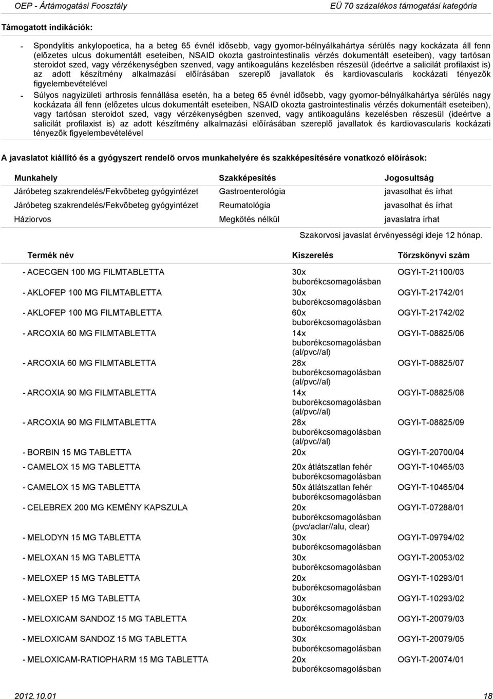 salicilát profilaxist is) az adott készítmény alkalmazási elõírásában szereplõ javallatok és kardiovascularis kockázati tényezõk figyelembevételével Súlyos nagyizületi arthrosis fennállása esetén, ha