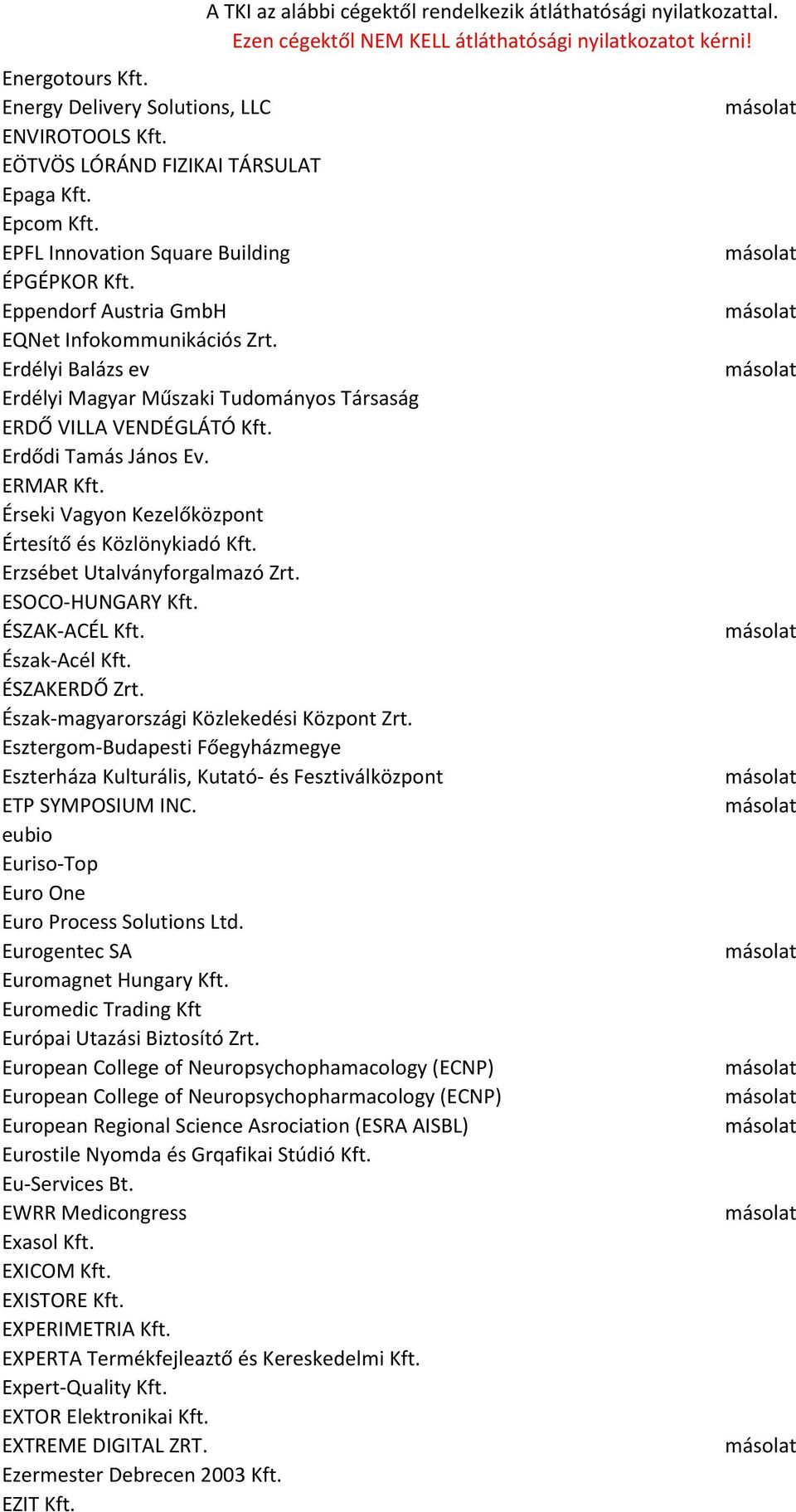 Érseki Vagyon Kezelőközpont Értesítő és Közlönykiadó Kft. Erzsébet Utalványforgalmazó Zrt. ESOCO-HUNGARY Kft. ÉSZAK-ACÉL Kft. Észak-Acél Kft. ÉSZAKERDŐ Zrt.
