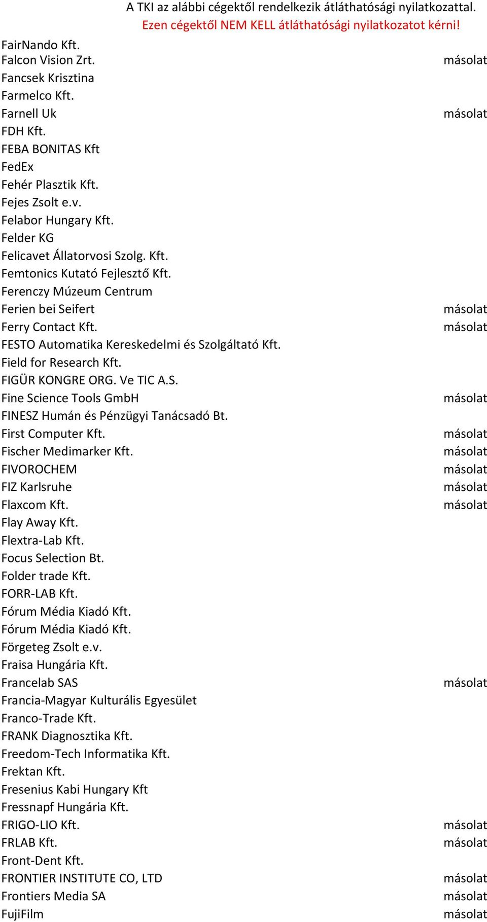 Field for Research Kft. FIGÜR KONGRE ORG. Ve TIC A.S. Fine Science Tools GmbH FINESZ Humán és Pénzügyi Tanácsadó Bt. First Computer Kft. Fischer Medimarker Kft. FIVOROCHEM FIZ Karlsruhe Flaxcom Kft.