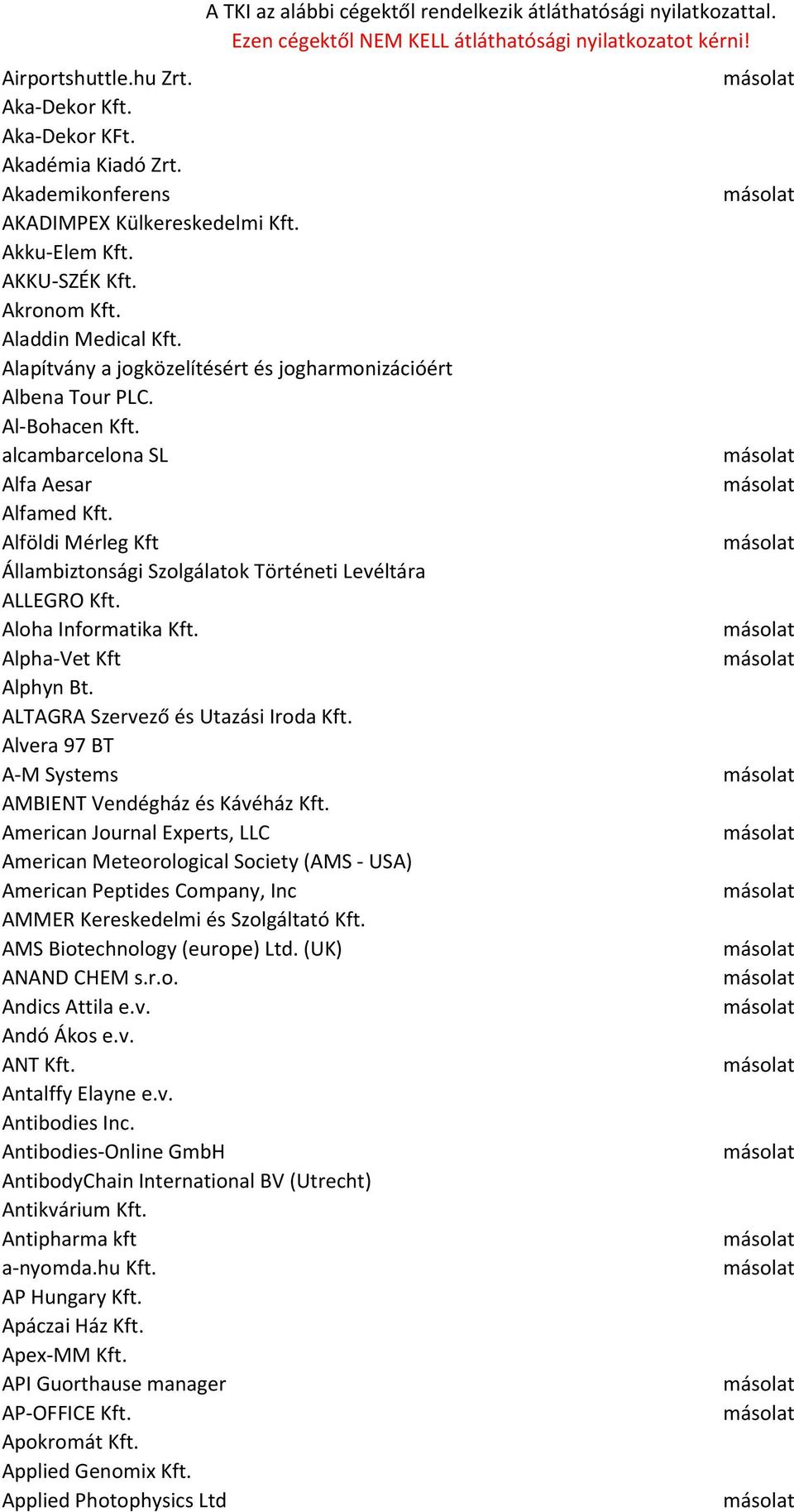 Alföldi Mérleg Kft Állambiztonsági Szolgálatok Történeti Levéltára ALLEGRO Kft. Aloha Informatika Kft. Alpha-Vet Kft Alphyn Bt. ALTAGRA Szervező és Utazási Iroda Kft.