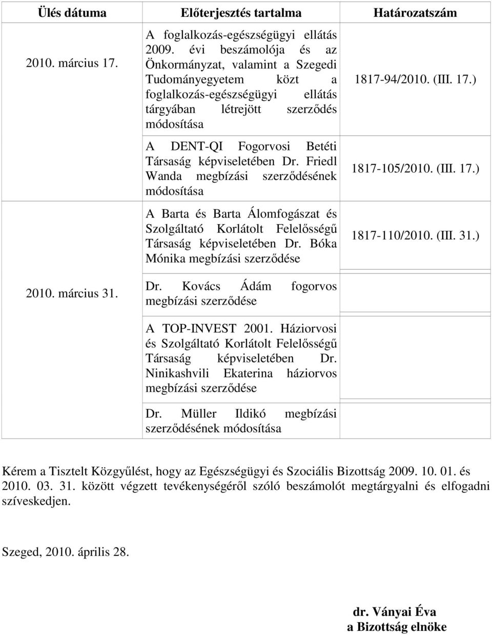 képviseletében Dr. Friedl Wanda megbízási szerzıdésének módosítása A Barta és Barta Álomfogászat és Szolgáltató Korlátolt Felelısségő Társaság képviseletében Dr.