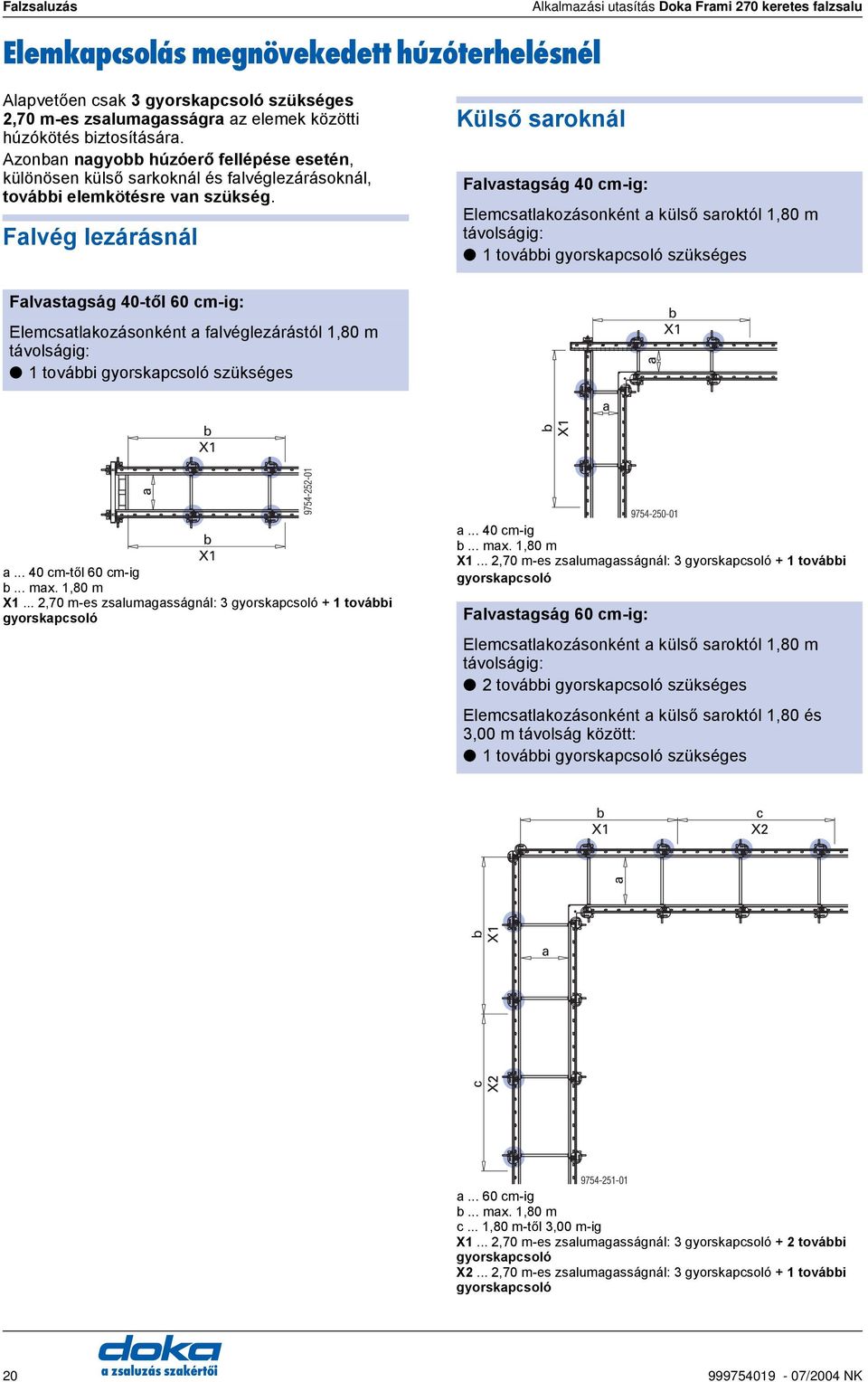 Falvég lezárásnál Külső saroknál Falvastagság 40 cm-ig: Elemcsatlakozásonként a külső saroktól 1,80 m távolságig: 1 további gyorskapcsoló szükséges Falvastagság 40-től 60 cm-ig: Elemcsatlakozásonként