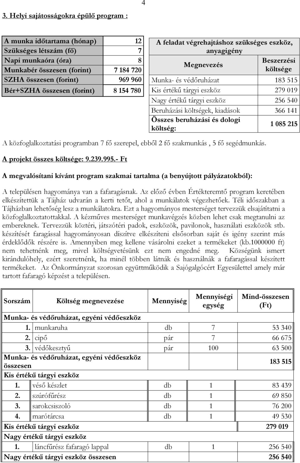 eszköz 256 540 Beruházási költségek, kiadások 366 141 Összes beruházási és dologi költség: 1 085 215 A közfoglalkoztatási programban 7 fő szerepel, ebből 2 fő szakmunkás, 5 fő segédmunkás.