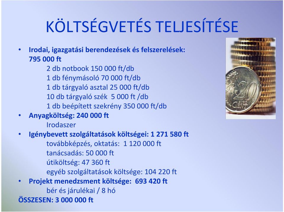 Irodaszer Igénybevett szolgáltatások költségei: 1 271 580 ft továbbképzés, oktatás: 1 120 000 ft tanácsadás: 50 000 ft útiköltség: 47