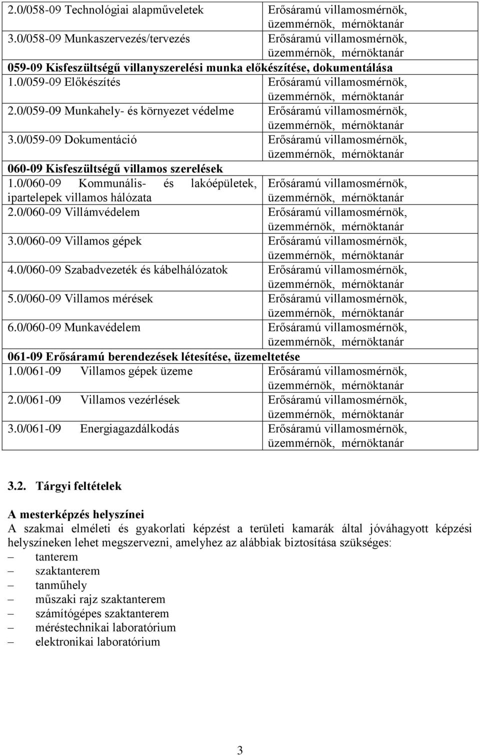 0/059-09 Előkészítés Erősáramú villamosmérnök, üzemmérnök, mérnöktanár 2.0/059-09 Munkahely- és környezet védelme Erősáramú villamosmérnök, üzemmérnök, mérnöktanár 3.