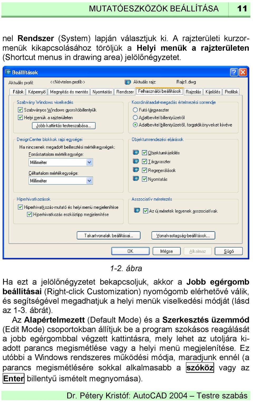 ábra Ha ezt a jelölőnégyzetet bekapcsoljuk, akkor a Jobb egérgomb beállításai (Right-click Customization) nyomógomb elérhetővé válik, és segítségével megadhatjuk a helyi menük viselkedési módját