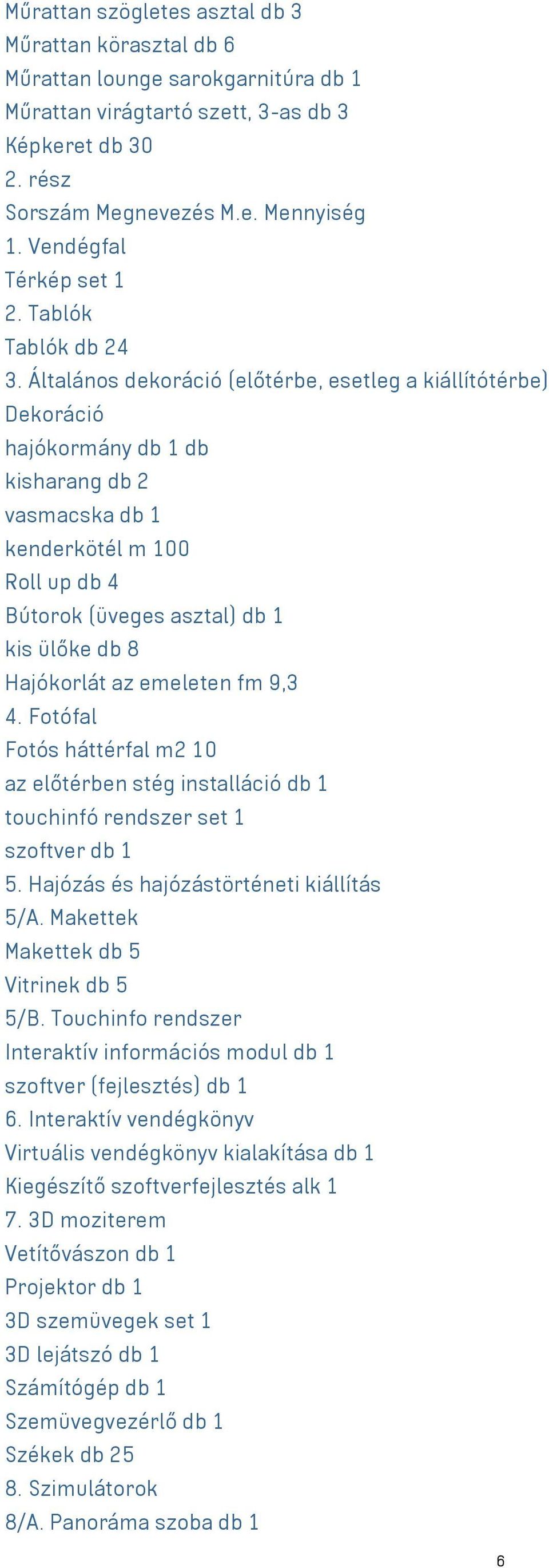 Általános dekoráció (előtérbe, esetleg a kiállítótérbe) Dekoráció hajókormány db 1 db kisharang db 2 vasmacska db 1 kenderkötél m 100 Roll up db 4 Bútorok (üveges asztal) db 1 kis ülőke db 8