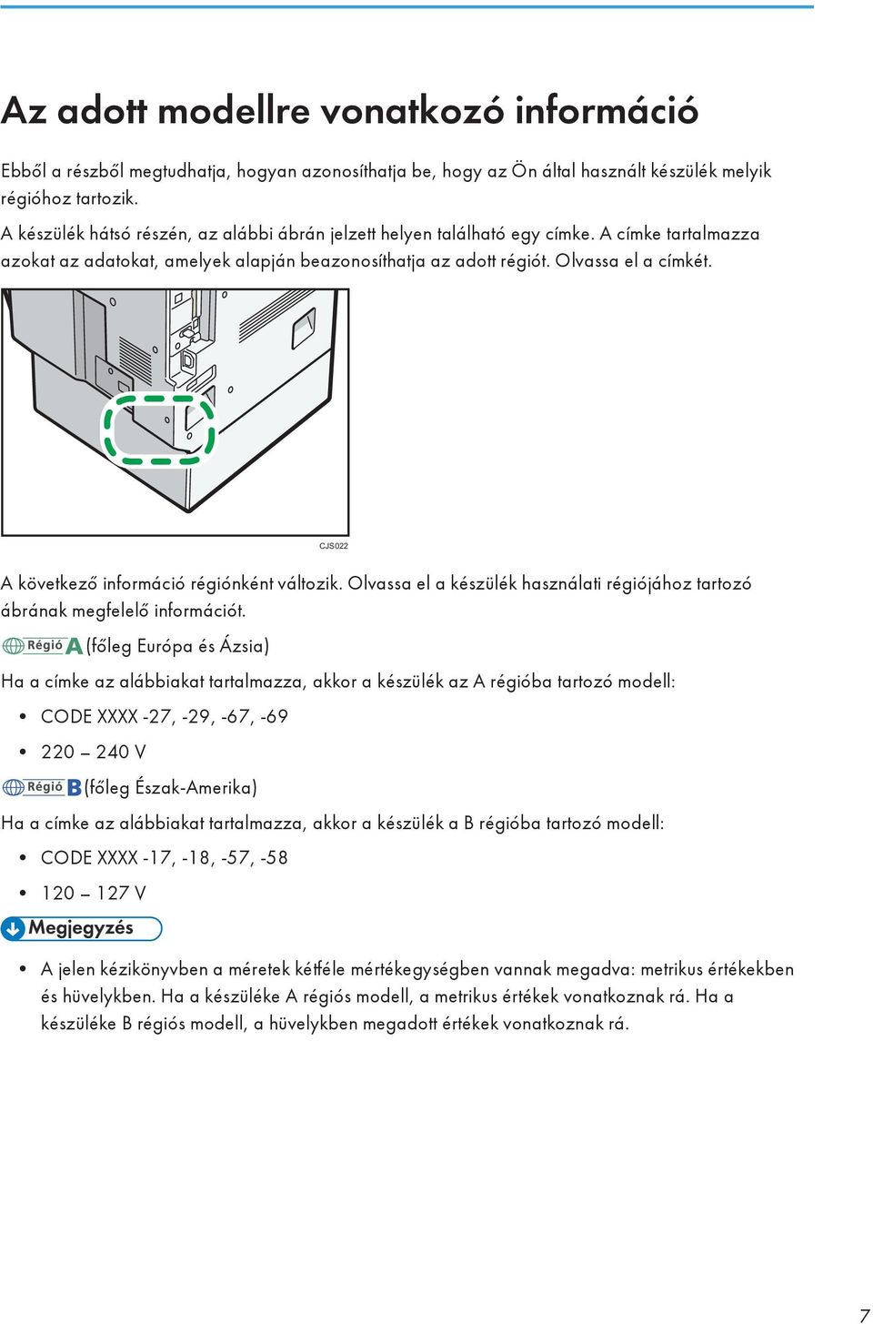 CJS022 A következő információ régiónként változik. Olvassa el a készülék használati régiójához tartozó ábrának megfelelő információt.