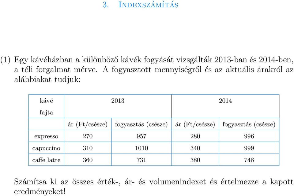 A fogyasztott mennyiségről és az aktuális árakról az alábbiakat tudjuk: kávé 2013 2014 fajta ár (Ft/csésze)