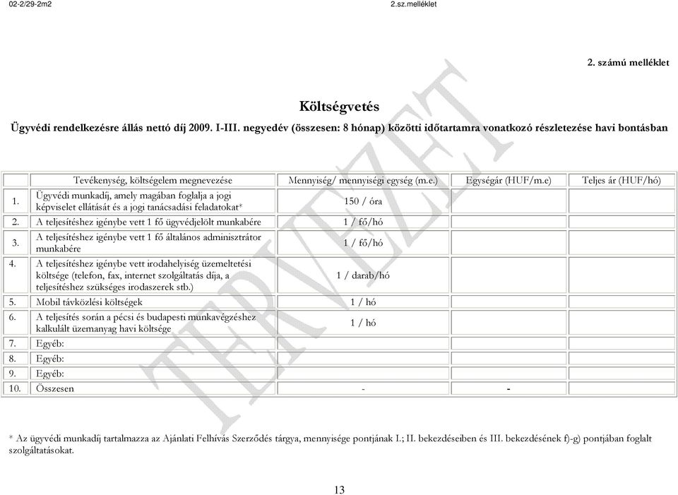 Ügyvédi munkadíj, amely magában foglalja a jogi képviselet ellátását és a jogi tanácsadási feladatokat* 150 / óra 2. A teljesítéshez igénybe vett 1 fő ügyvédjelölt munkabére 1 / fő/hó 3.