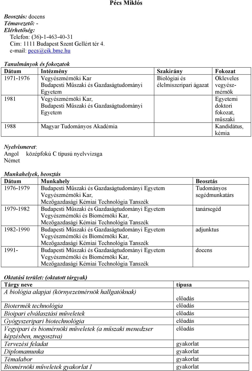 1981 Vegyészmérnöki Kar, Budapesti Műszaki és Gazdaságtudományi Egyetem Egyetemi doktori fokozat, műszaki 1988 Magyar Tudományos Akadémia Kandidátus, kémia Nyelvismeret: Angol középfokú C típusú