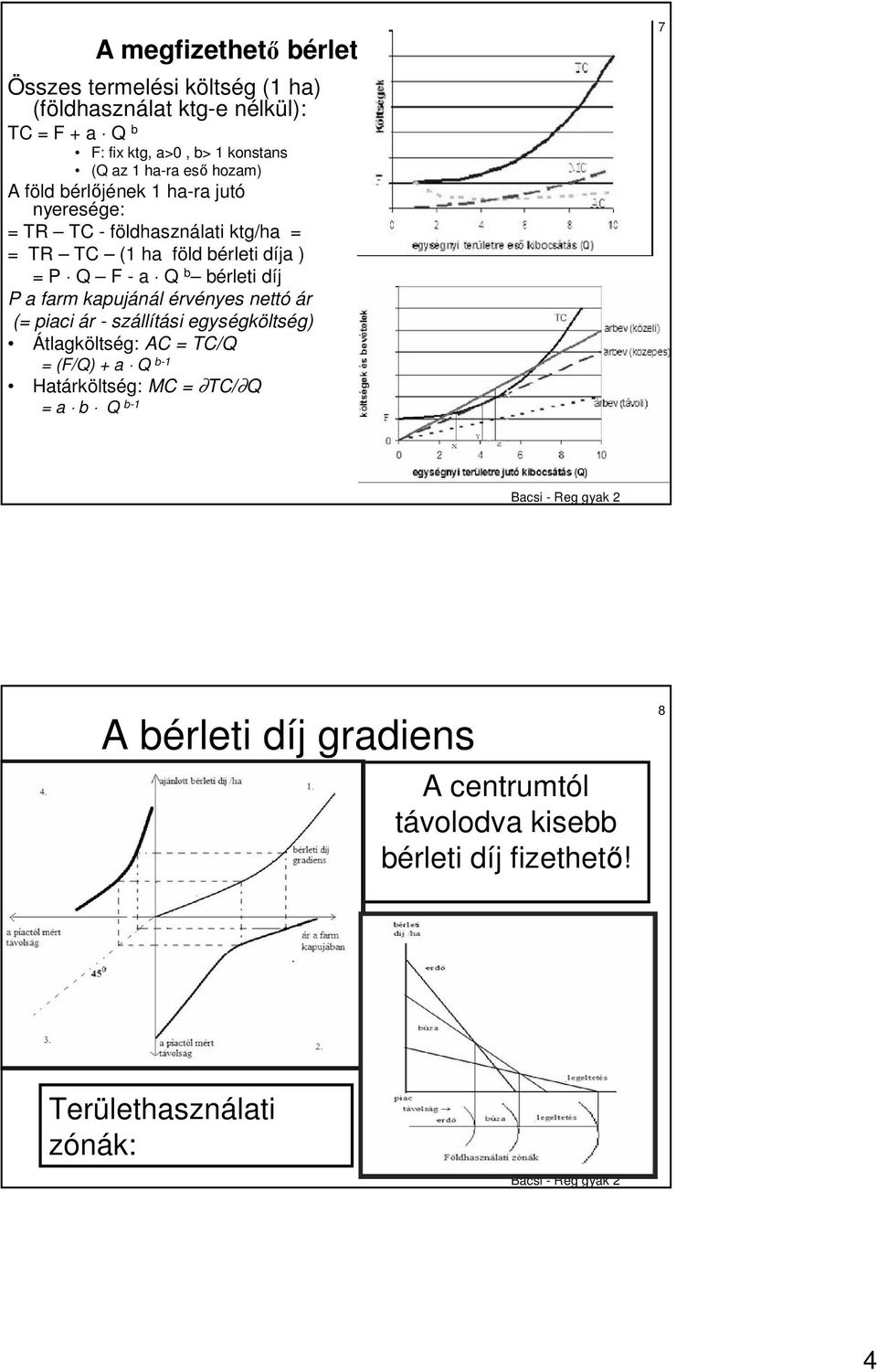 a Q b bérleti díj P a farm kapujánál érvényes nettó ár (= piaci ár - szállítási egységköltség) Átlagköltség: AC = TC/Q = (F/Q) + a Q b-1