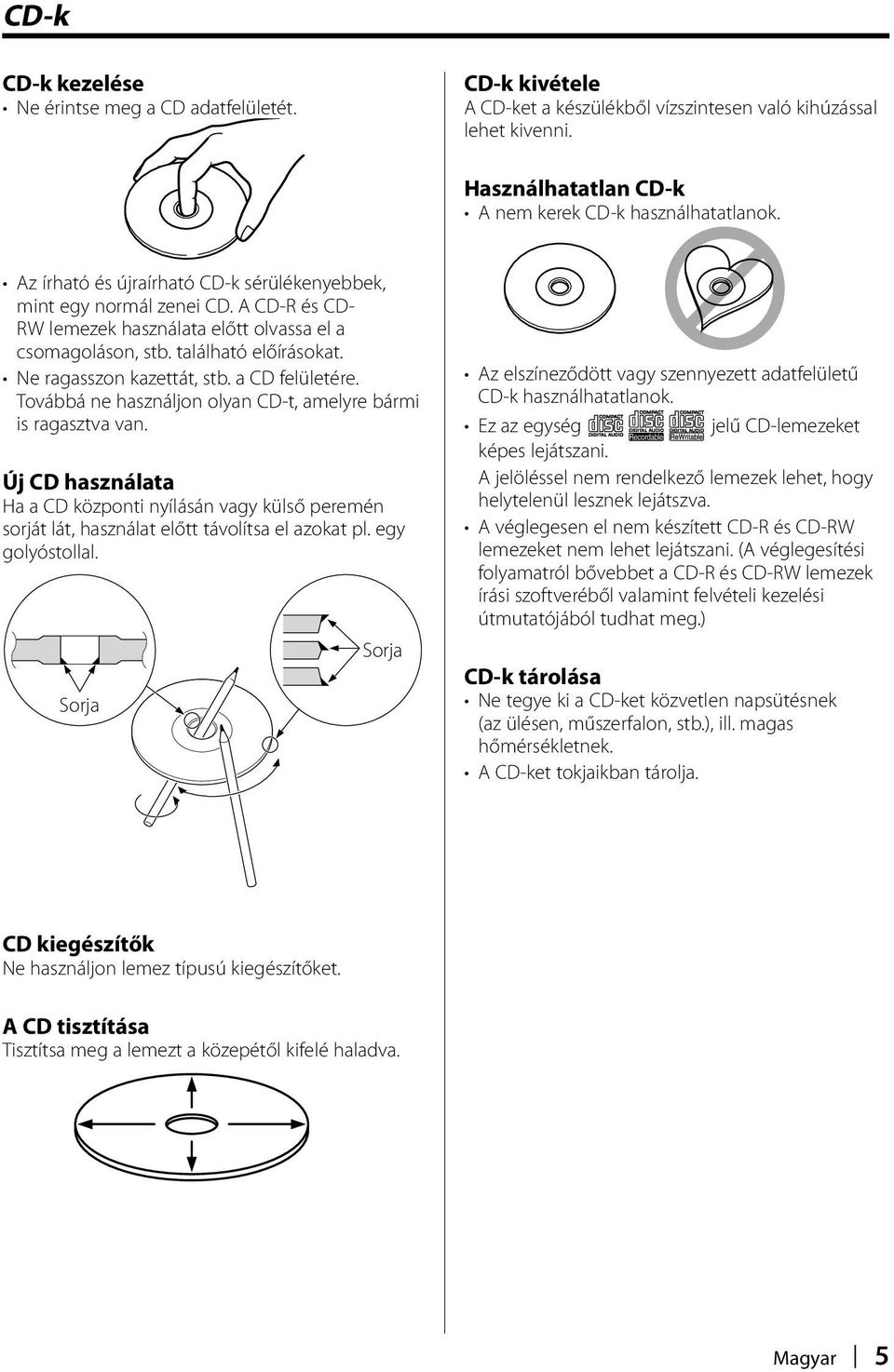 a CD felületére. Továbbá ne használjon olyan CD-t, amelyre bármi is ragasztva van. Új CD használata Ha a CD központi nyílásán vagy külső peremén sorját lát, használat előtt távolítsa el azokat pl.