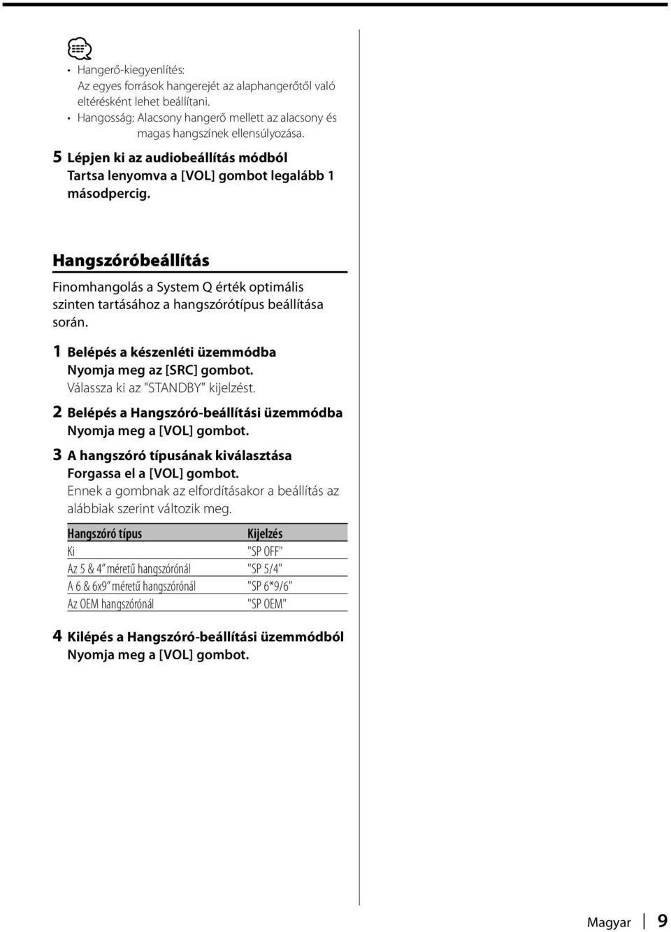 Hangszóróbeállítás Finomhangolás a System Q érték optimális szinten tartásához a hangszórótípus beállítása során. 1 Belépés a készenléti üzemmódba Nyomja meg az [SRC] gombot.