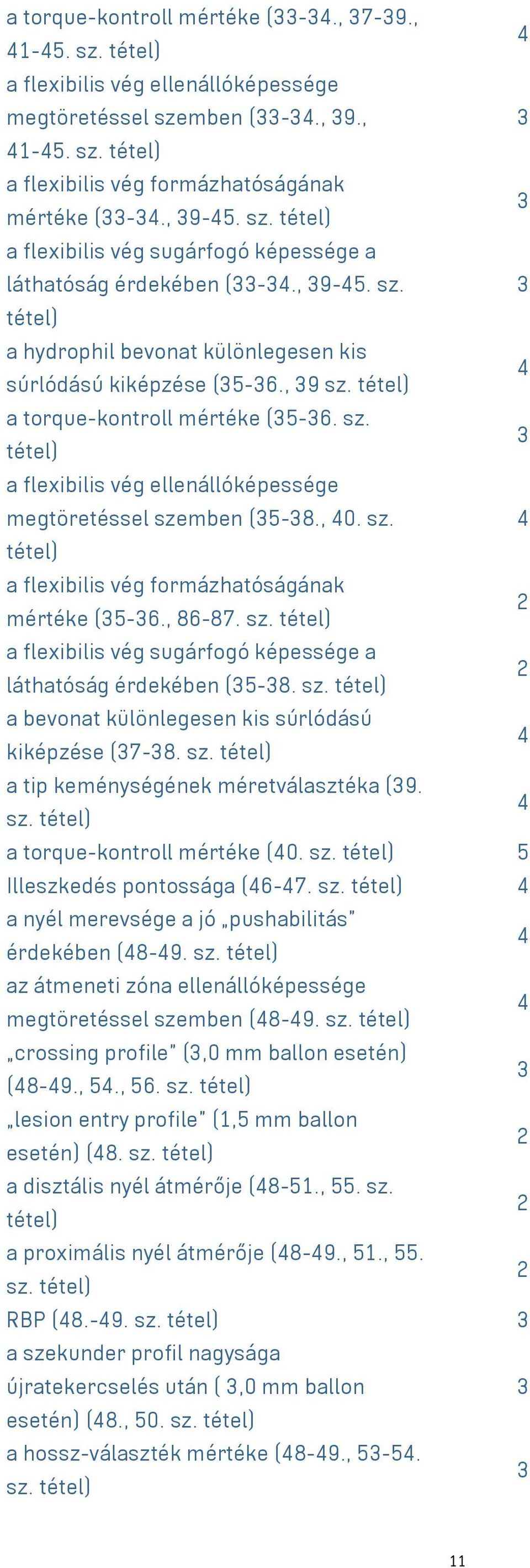 , 86-87. sz. a flexibilis vég sugárfogó képessége a láthatóság érdekében (5-8. sz. a bevonat különlegesen kis súrlódású kiképzése (7-8. sz. a tip keménységének méretválasztéka (9. sz. a torque-kontroll mértéke (0.