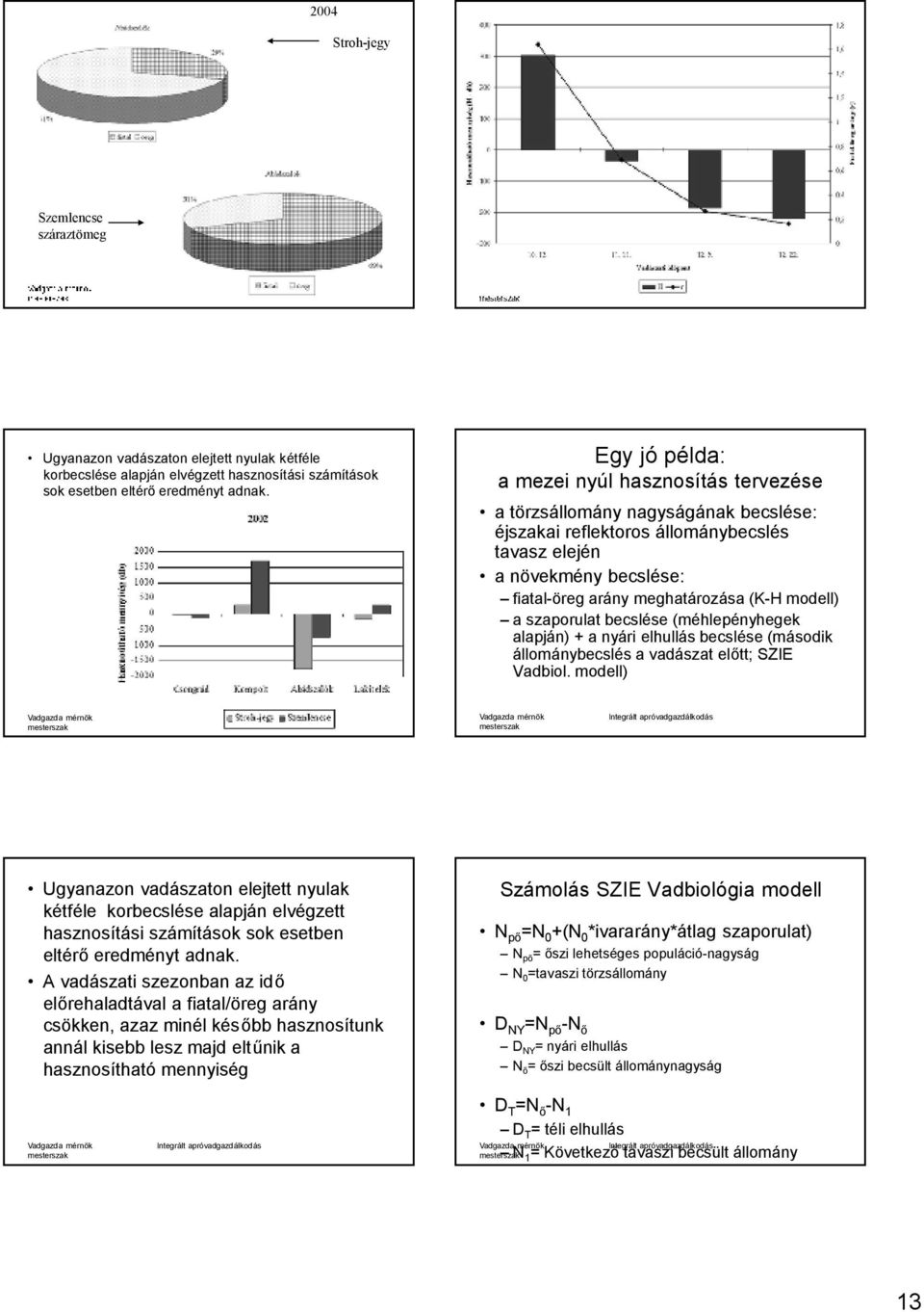modell) a szaporulat becslése (méhlepényhegek alapján) + a nyári elhullás becslése (második állománybecslés a vadászat előtt; SZIE Vadbiol.