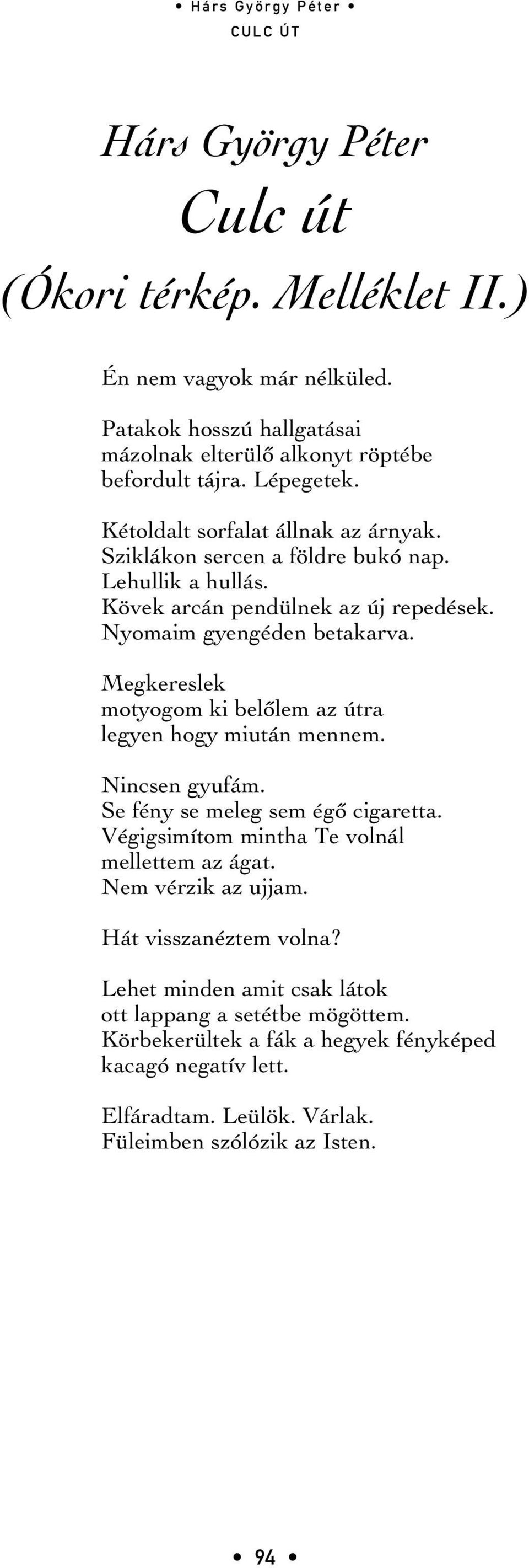 Megkereslek motyogom ki belôlem az útra legyen hogy miután mennem. Nincsen gyufám. Se fény se meleg sem égô cigaretta. Végigsimítom mintha Te volnál mellettem az ágat.