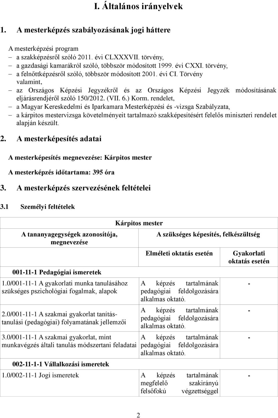 Törvény valamint, az Országos Képzési Jegyzékről és az Országos Képzési Jegyzék módosításának eljárásrendjéről szóló 150/2012. (VII. 6.) Korm.