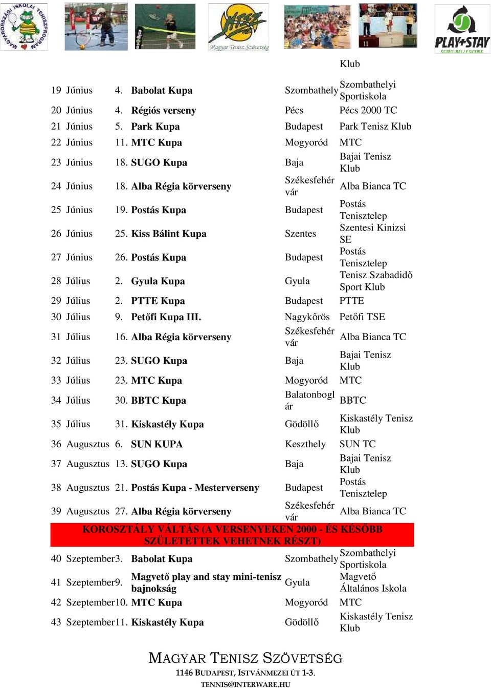 Kiss Bálint Kupa Szentes Szentesi Kinizsi SE 27 Június 26. Postás Kupa Budapest Postás Tenisztelep 28 Július 2. Gyula Kupa Gyula Tenisz Szabadidő Sport 29 Július 2.