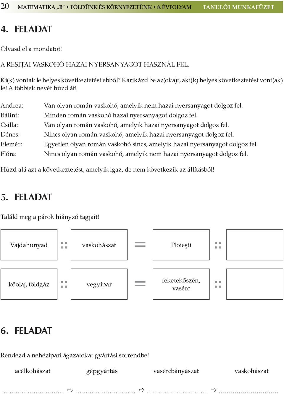 Andrea: Bálint: Csilla: Dénes: Elemér: Flóra: Van olyan román vaskohó, amelyik nem hazai nyersanyagot dolgoz fel. Minden román vaskohó hazai nyersanyagot dolgoz fel.